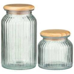B&M Large Ribbed Glass Jar With Wooden Lid -B and M Store 394426 394427 ribbed glass jar with wooden lid group