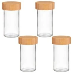 B&M Set Of 4 Glass Spice Jars With Bamboo Wood Base 11 B&M Set Of 4 Glass Spice Jars With Bamboo Wood Base -B and M Store 394437 set of 4 glass spice jars with bamboo wood lid and base group