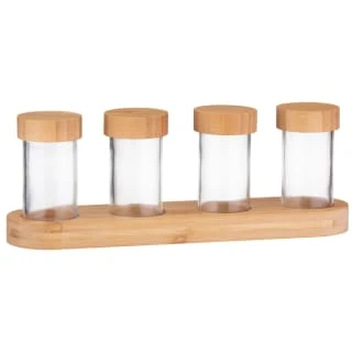 B&M Set Of 4 Glass Spice Jars With Bamboo Wood Base 3 B&M Set Of 4 Glass Spice Jars With Bamboo Wood Base